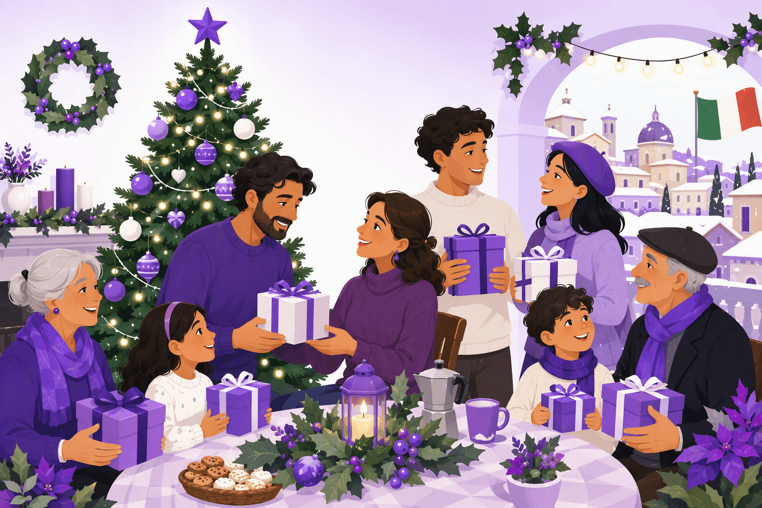 A cheerful group of people exchanges gifts beside a decorated Christmas tree with warm lights, holly, snowy rooftops, and a small Italian flag.