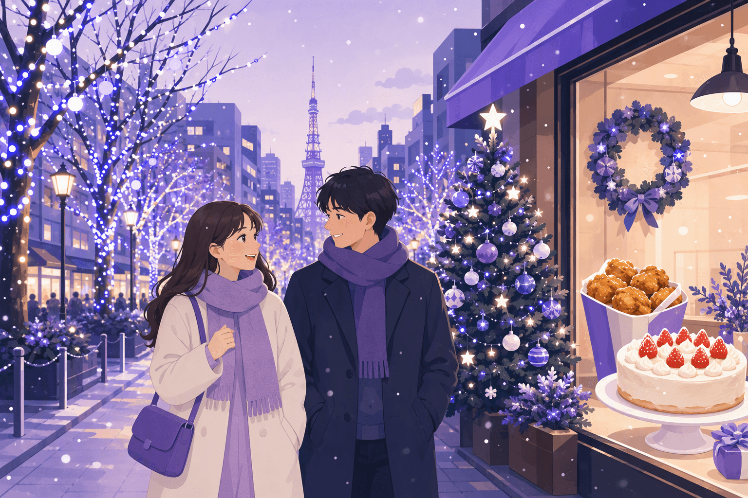 Illuminated Japanese city street on Christmas Eve with a couple walking past a shop window displaying fried chicken and a strawberry shortcake