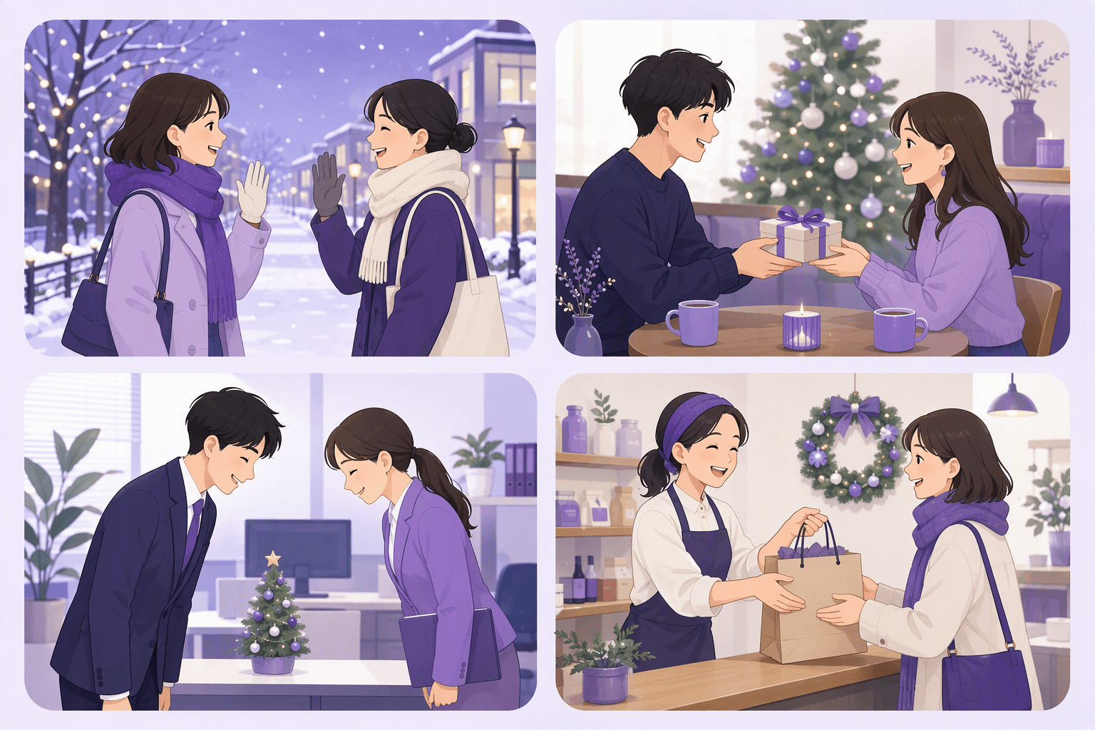 Four December greeting situations in Japan: friends waving on a snowy street, a couple exchanging a gift at a cafe, colleagues bowing in an office, and a shop clerk handing a bag to a customer