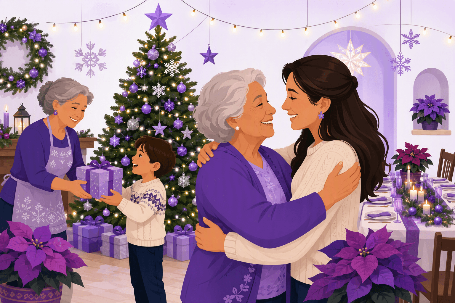 Family exchanging Christmas greetings and gifts around a decorated tree and a Nochebuena dinner table