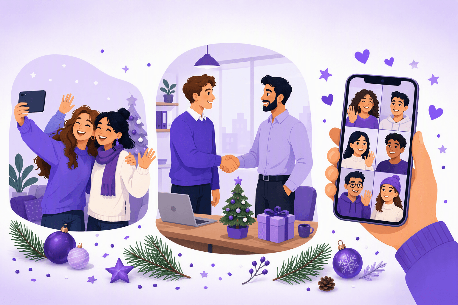 Three holiday greeting situations: friends hugging, colleagues shaking hands at the office, and a group video call on a phone