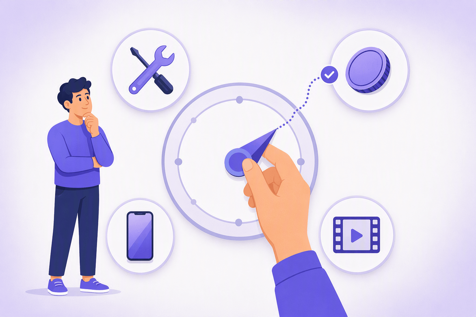 A large round selector dial with a pointer being turned by a hand, surrounded by four round icon medallions marking the four deciding factors: crossed wrench and screwdriver for setup, a plain coin for price, a smartphone for mobile study, and a film frame with a play triangle for content, with a thoughtful learner standing beside the dial and a dotted line running from the pointer to the selected medallion