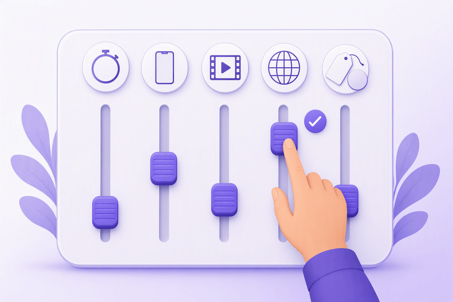 A control panel with five vertical sliders set to different heights, each topped with a round icon for one ranking factor: a stopwatch for setup friction, a smartphone for mobile usability, a film frame with a play triangle for content quality, a globe for language coverage, and a blank price tag with a plain coin for pricing transparency, while a hand pushes one slider upward next to a small checkmark badge