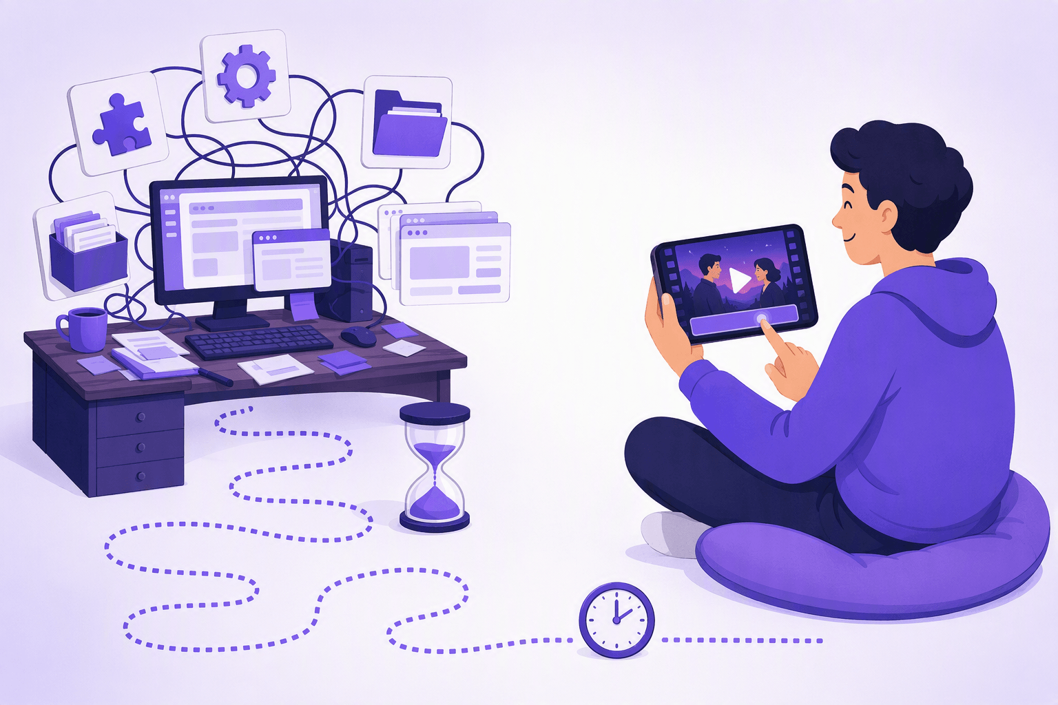 On the left a cluttered desktop computer on a desk, tangled cables linking floating panels around it: a jigsaw puzzle piece for the browser extension, a cogwheel, an open folder of dictionary files, a box of index cards and stacked window panels, with a long winding dotted path and an hourglass beside it. On the right a relaxed learner sitting cross-legged on a cushion, holding a phone that shows a movie scene in a film frame with a play triangle, one finger tapping a blank highlighted subtitle bar, reached by a short straight dotted path with a small clock