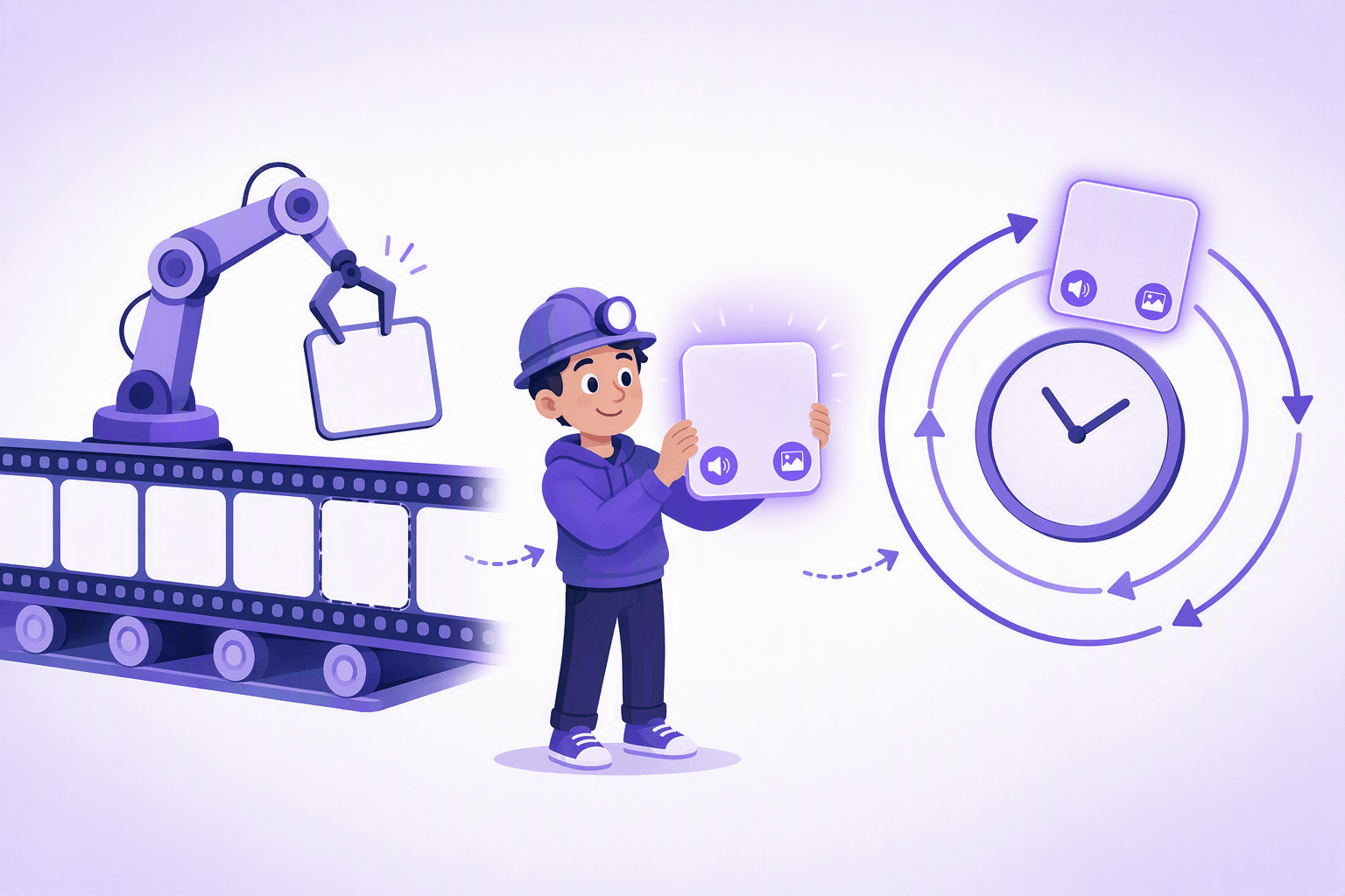 A film strip of blank frames running along a conveyor belt while a mechanical claw lifts one frame out, a learner in a miner helmet holding that frame up as a glowing card marked with a small speaker icon and a picture icon, and the same card orbiting a plain clock face inside three circular review arrows