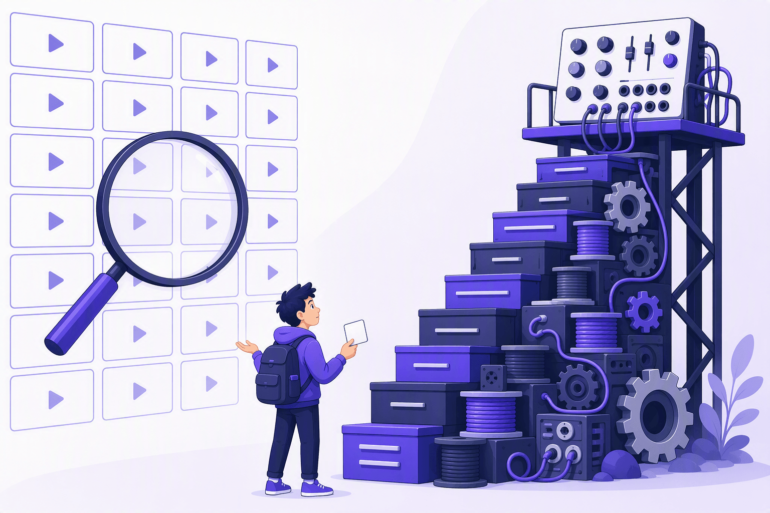 A learner with a backpack standing between a large wall grid of identical unlabeled video tiles under a magnifying glass on one side and a steep staircase built from toolbox drawers, cable spools and gears leading up to a control panel of knobs and sliders on the other, holding one small blank card and shrugging