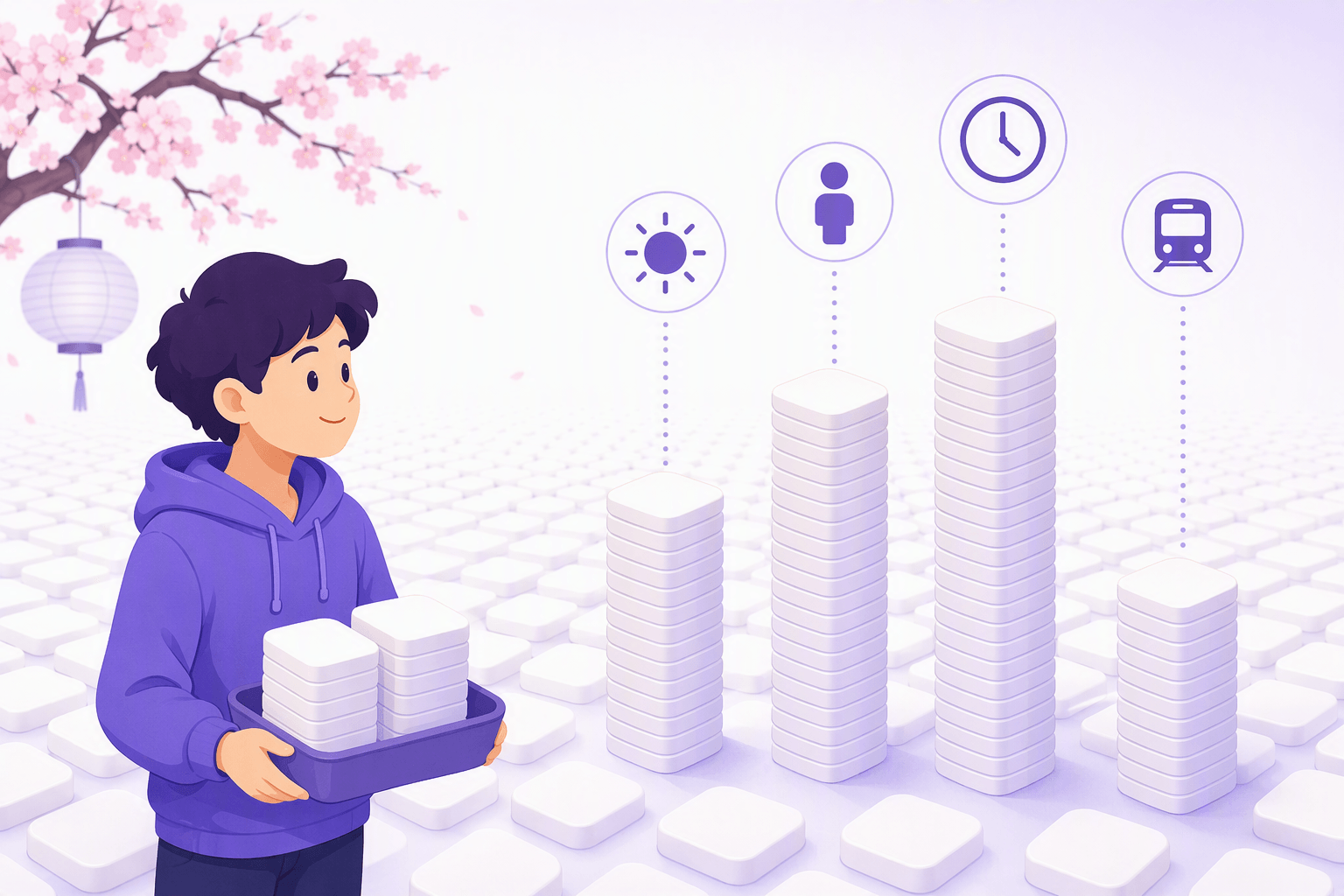 Learner in a purple hoodie carrying a tray of plain blank rounded tiles gathered from four tall glowing stacks, which rise above an endless flat field of tiny pale tiles fading toward the horizon, with a sun icon, a person icon, a clock icon and a train icon floating above the tall stacks on dotted lines, under a cherry blossom branch and a paper lantern