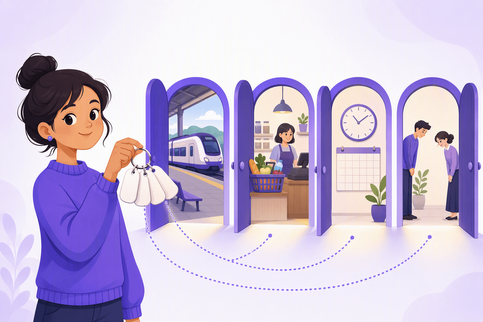 Learner in a purple sweater holding up a key ring strung with plain blank rounded tiles, standing before four tall open archways with warm light spilling out, showing a train platform, a small shop counter with a grocery basket and register, a round wall clock beside an empty grid calendar, and two people exchanging a polite bow, each archway linked back to the tiles by dotted lines