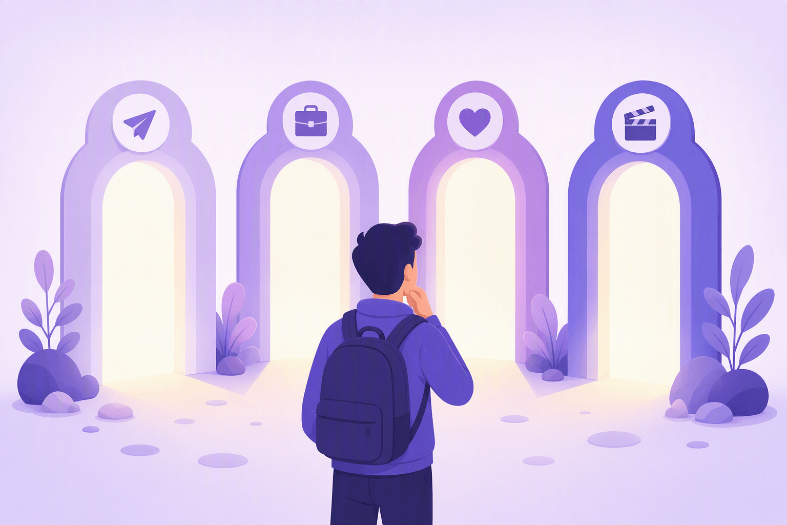 Un viaggiatore con lo zaino che si ferma davanti a quattro archi luminosi contrassegnati da semplici icone per viaggio, lavoro, relazioni e media, scegliendo quale strada intraprendere