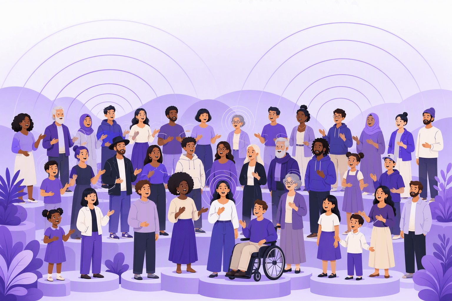 Un ampio e variegato coro di persone di età e provenienze diverse che parlano insieme, con onde sonore di dimensioni diverse che si irradiano verso l'esterno per mostrare quanto lontano arriva ciascuna lingua
