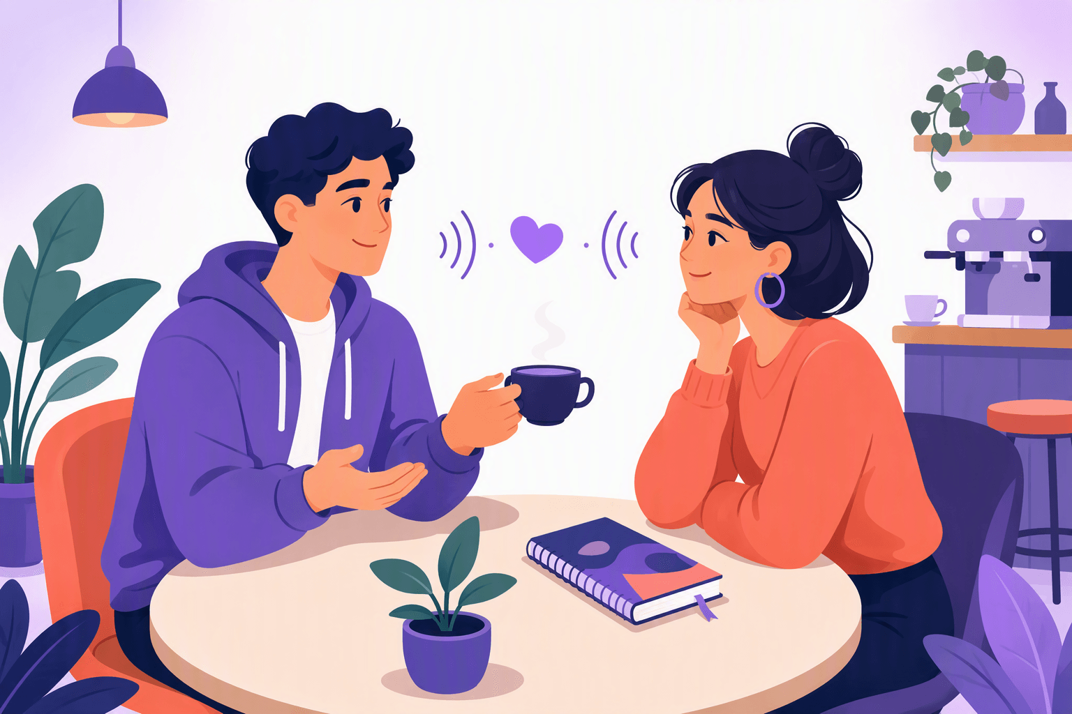 Flat-vector scene of two relaxed young adults having a friendly conversation at a cozy café, with one offering a coffee, heart and sound-wave icons between them, and a language notebook on the table.