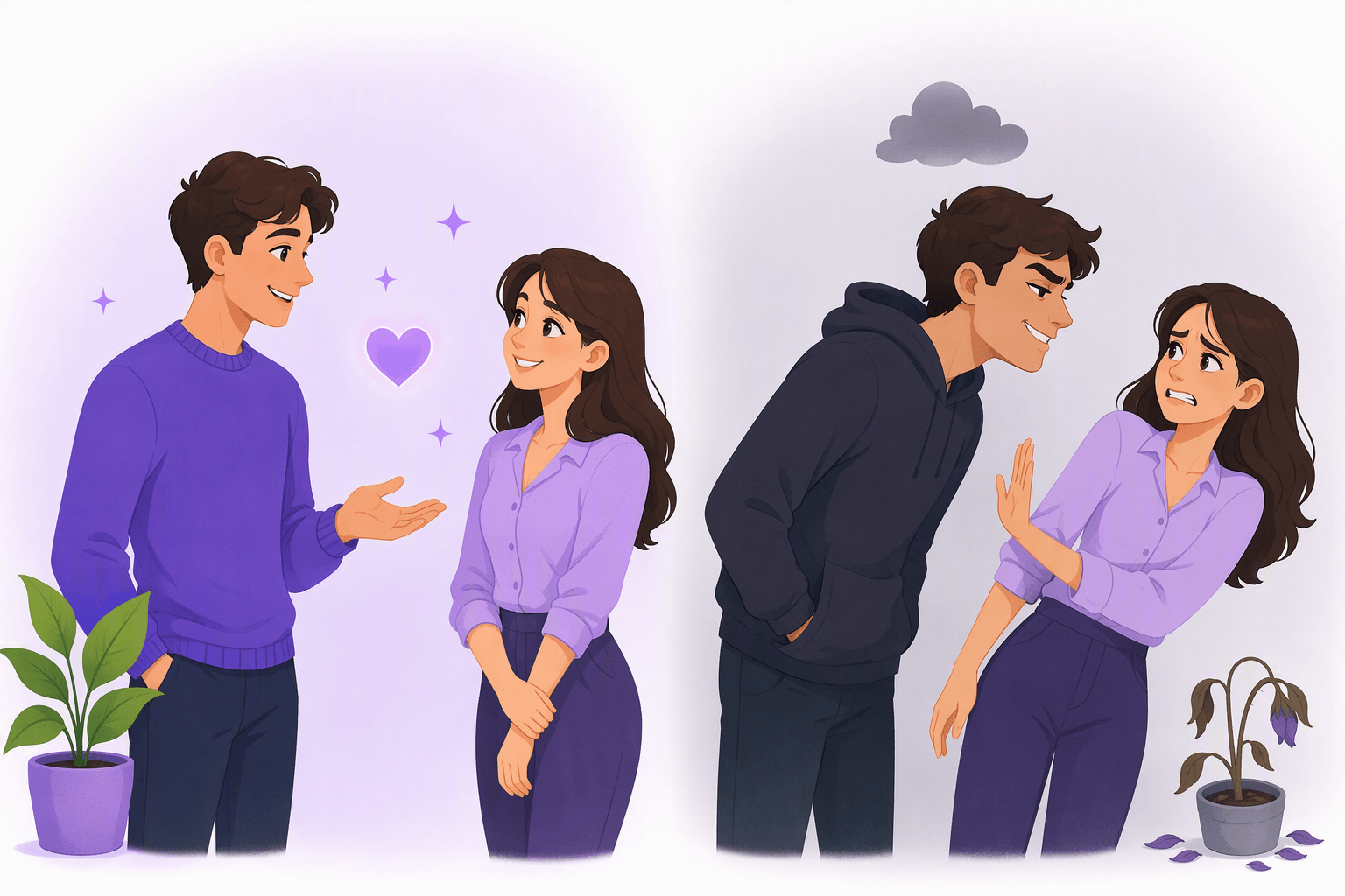 Side by side comparison of two flirting situations: on the left two people talk at a comfortable distance with a heart and sparkles between them and a fresh plant nearby, on the right one person leans in too close while the other leans away with a raised palm, under a grey cloud beside a wilting plant