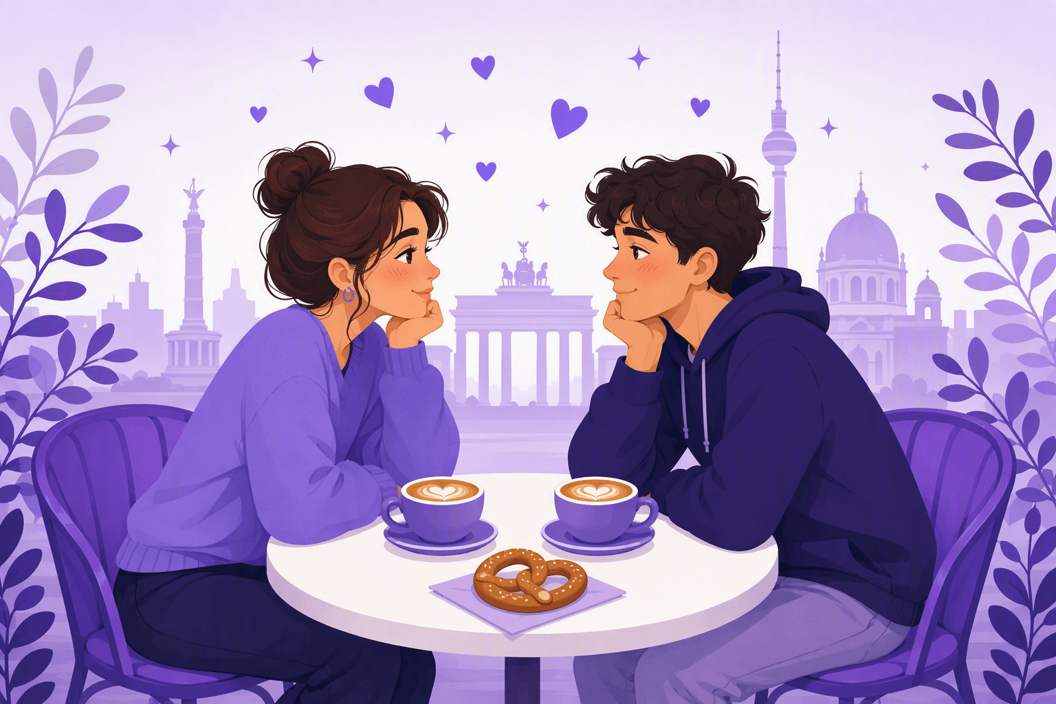 Two young people resting their chins on their hands and smiling at each other across a small cafe table with coffee cups and a pretzel, hearts and sparkles floating between them, a Berlin skyline with the Brandenburg Gate and the TV tower in the background