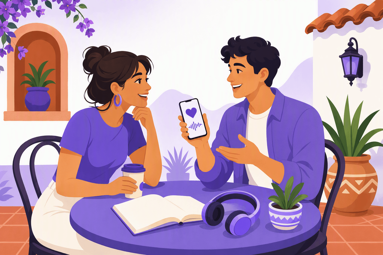 Two young adults smile and chat at a café table beside a smartphone with heart and sound-wave icons, a blank notebook, headphones, a potted plant, and terracotta-colored accents.