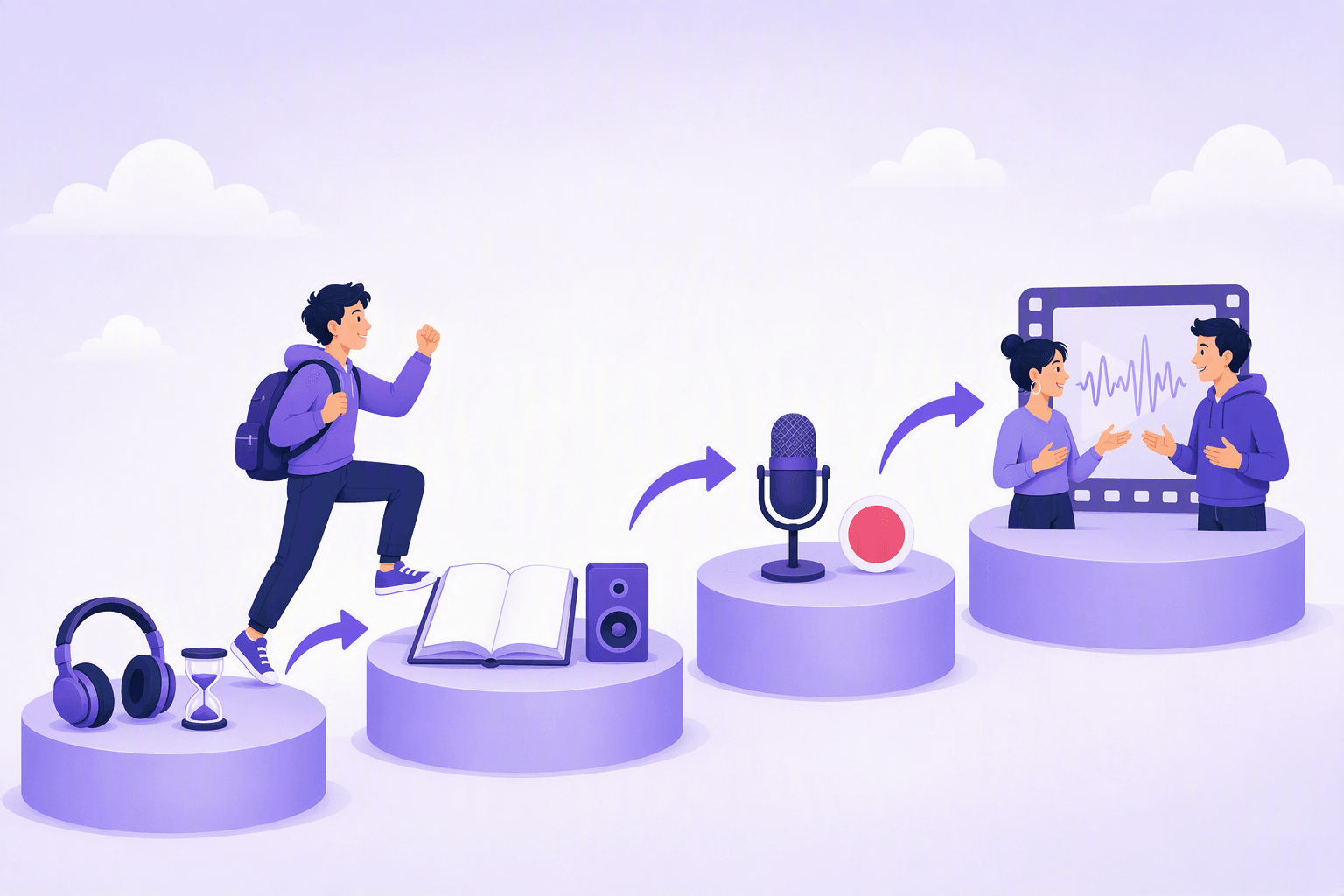 Four rounded platforms linked by curved arrows, carrying in turn headphones with an hourglass, an open blank book with a speaker, a podcast microphone with a recording dot, and a film frame with sound waves where two people face each other in conversation, while a learner with a backpack steps up from the first platform to the second