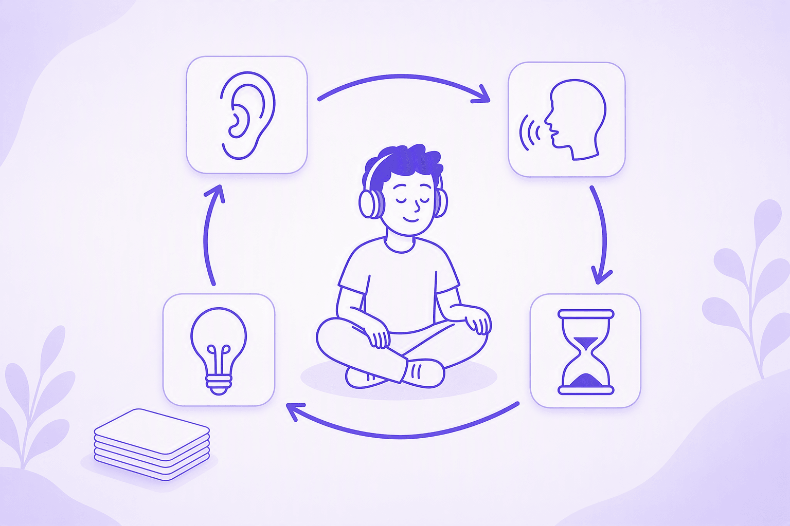 A repeating loop of four line-art tiles joined by curved arrows: an ear, a head in profile speaking with sound waves, an hourglass and a lightbulb, with a learner in headphones sitting cross-legged and eyes closed in the middle and a stack of blank cards beside the loop