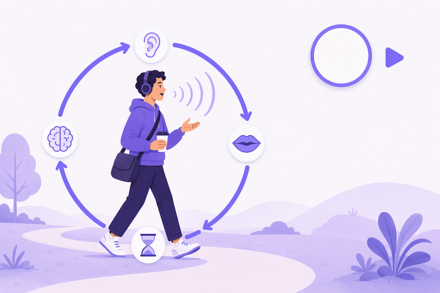 A learner in headphones walking a path outdoors with a coffee cup, speaking out loud with sound waves flowing from the mouth, surrounded by a large circular arrow loop marked with an ear, a pair of lips, an hourglass and a brain, with a blank round dial and a play triangle floating in the sky