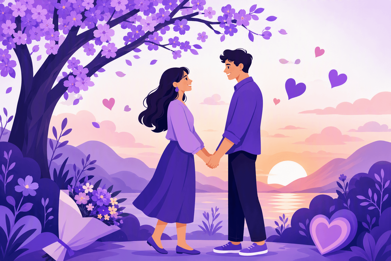 A smiling couple holds hands beneath a flowering tree at sunset, surrounded by hearts and a small bouquet.