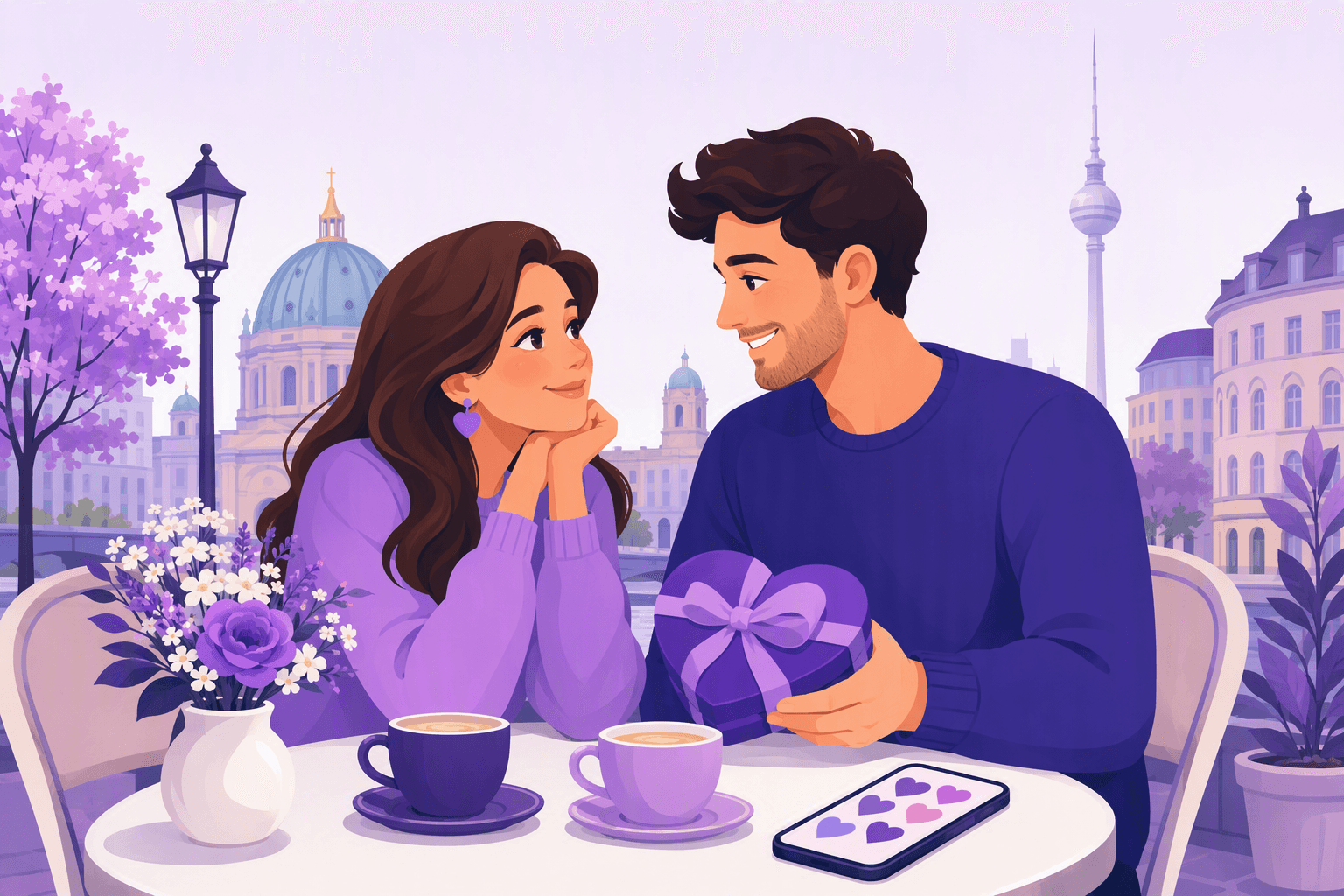Flat-vector scene of a smiling romantic couple beside a café table with flowers, a heart-shaped gift, and a smartphone displaying heart icons against a softly colored German city backdrop.