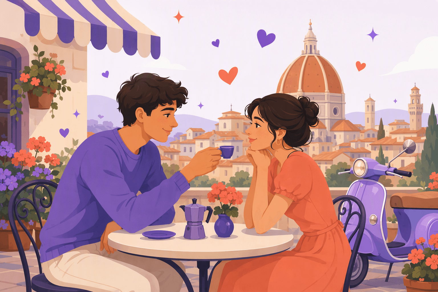 Two people smiling at each other across a small cafe table on an Italian piazza terrace, one offering an espresso cup, with hearts floating above a domed skyline
