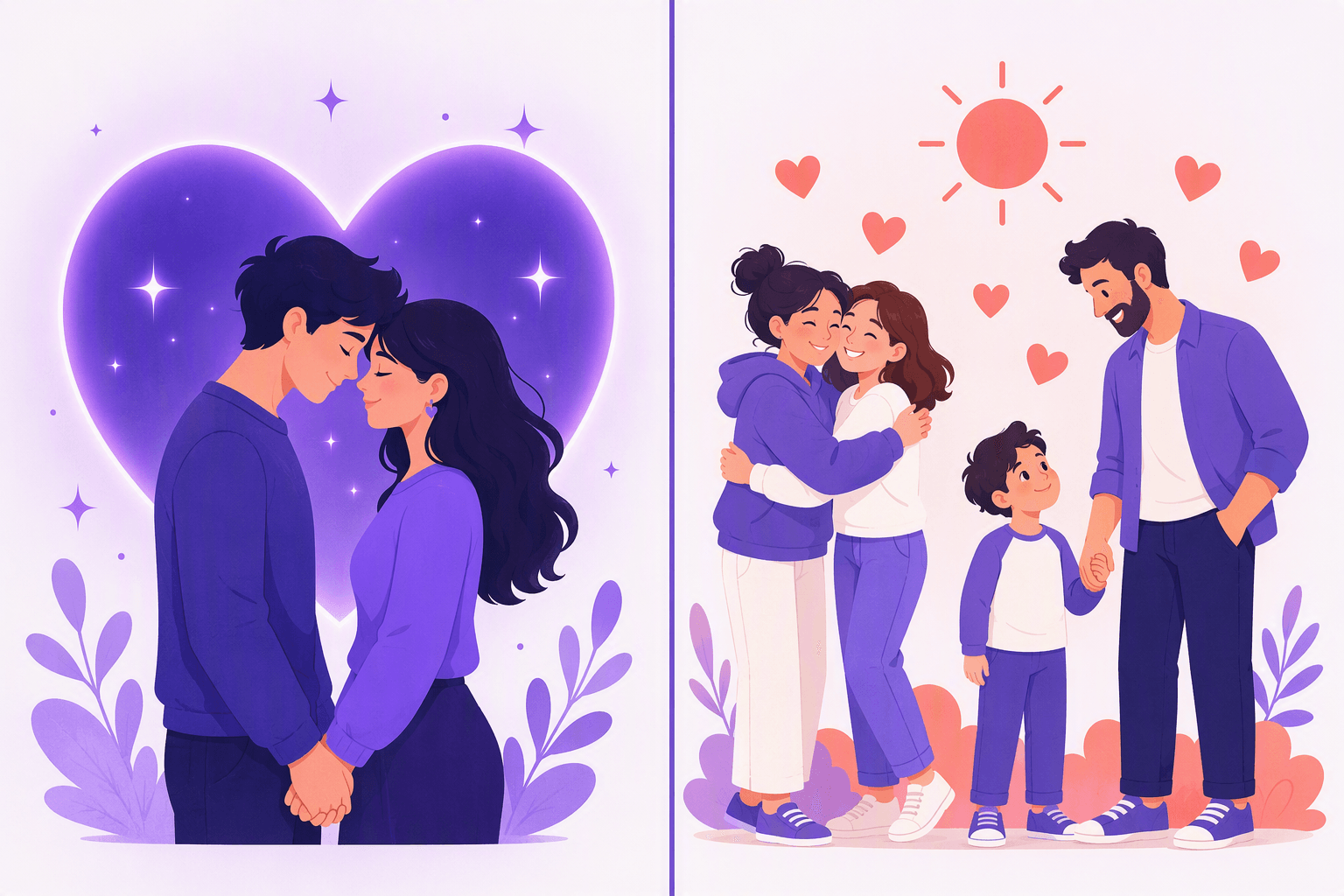 Split illustration: on the left a couple stand forehead to forehead in front of one large glowing heart, on the right friends hug and a parent holds a child's hand under many small hearts