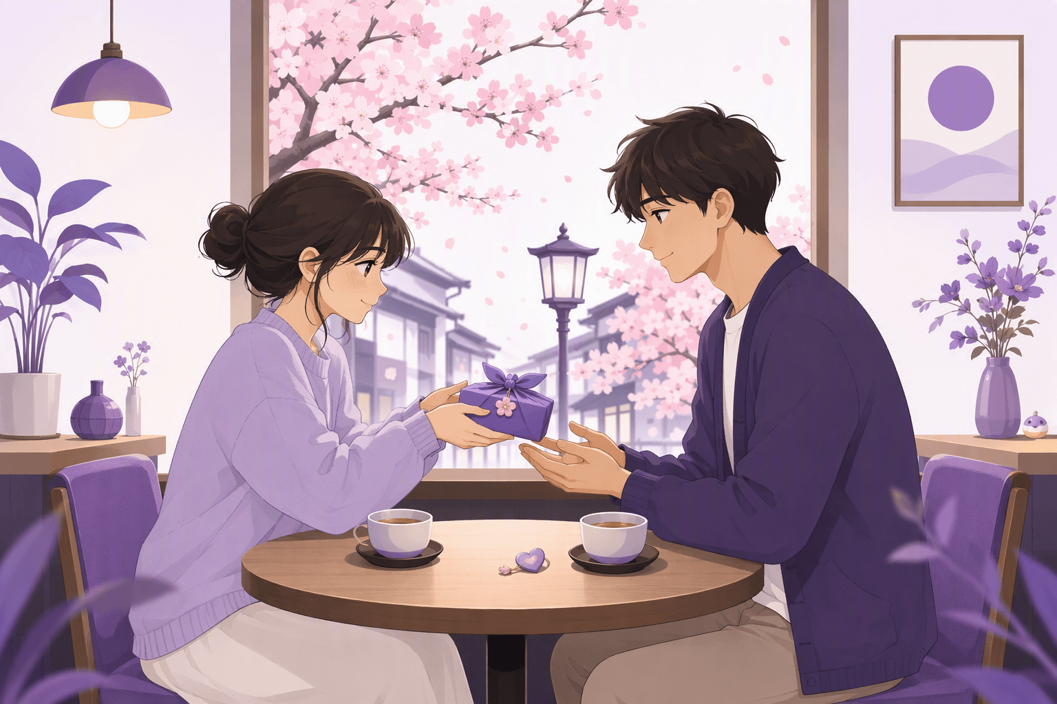 A couple on a quiet cafe date in Japan, leaning toward each other and exchanging a small wrapped gift while cherry blossoms bloom outside the window