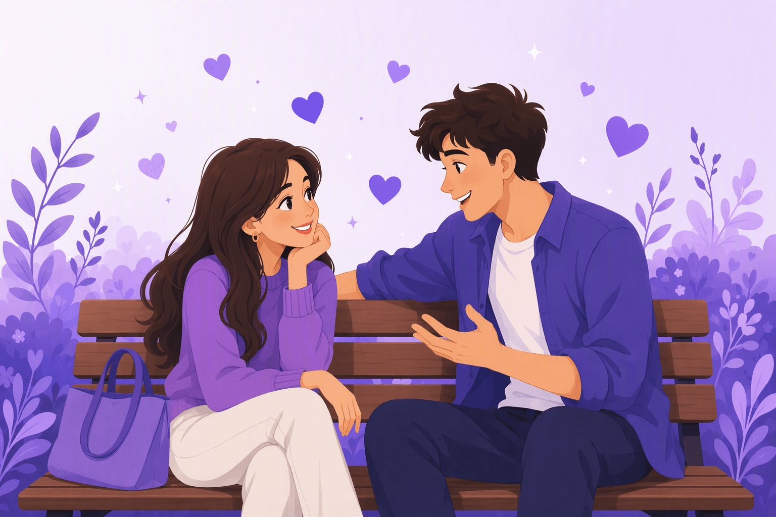 Flat illustration of two young people sitting close on a park bench, smiling and talking to each other, with small hearts and sparkles floating above them