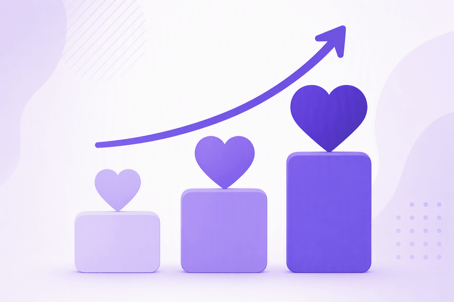 Three rising rounded blocks, each topped by a heart that grows larger and deeper in color, with a curved arrow sweeping upward across them