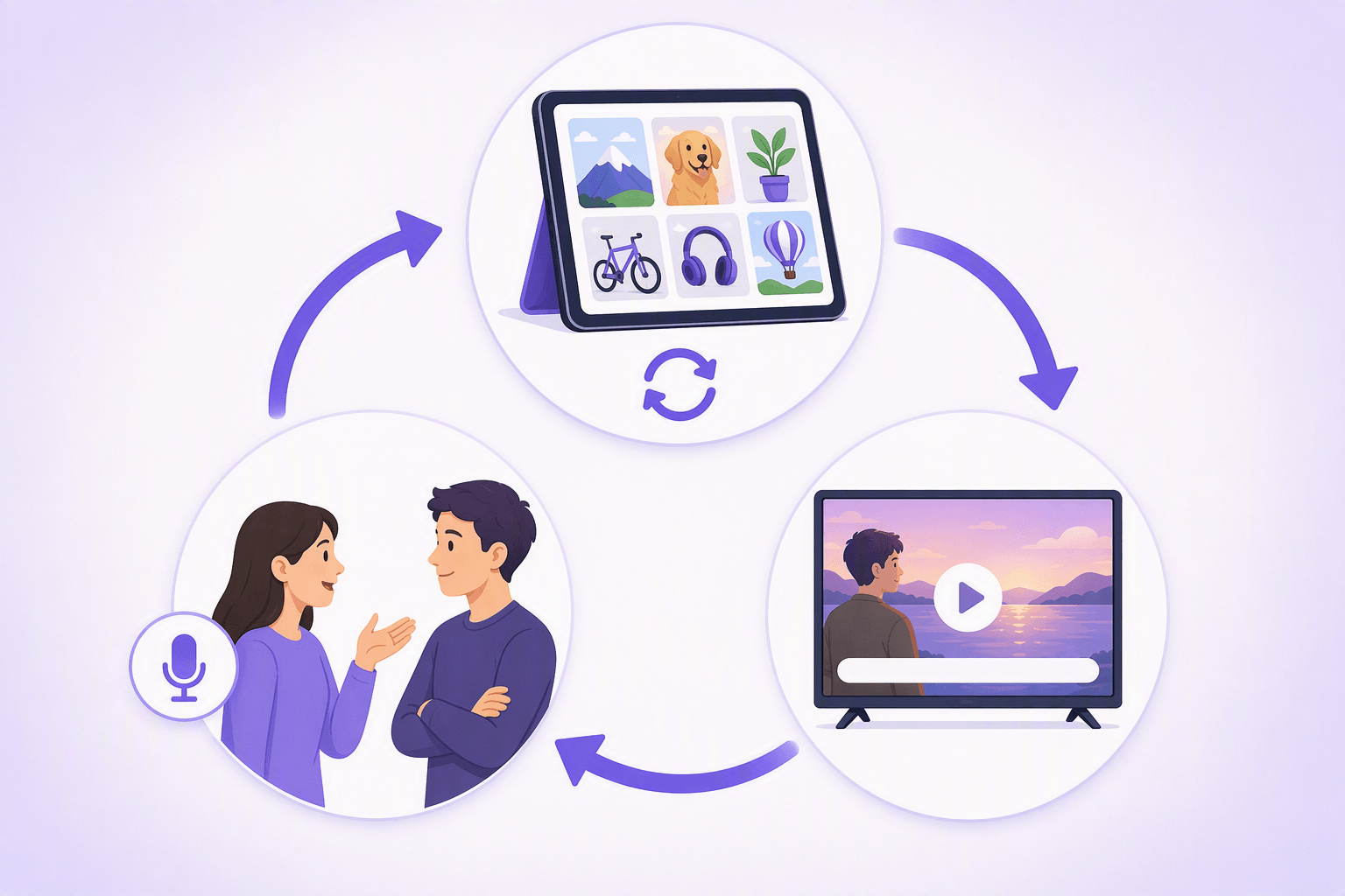 Một vòng lặp ba bước kết nối các bài luyện tập ứng dụng trên máy tính bảng, xem phim có phụ đề, và một buổi nói chuyện trực tiếp