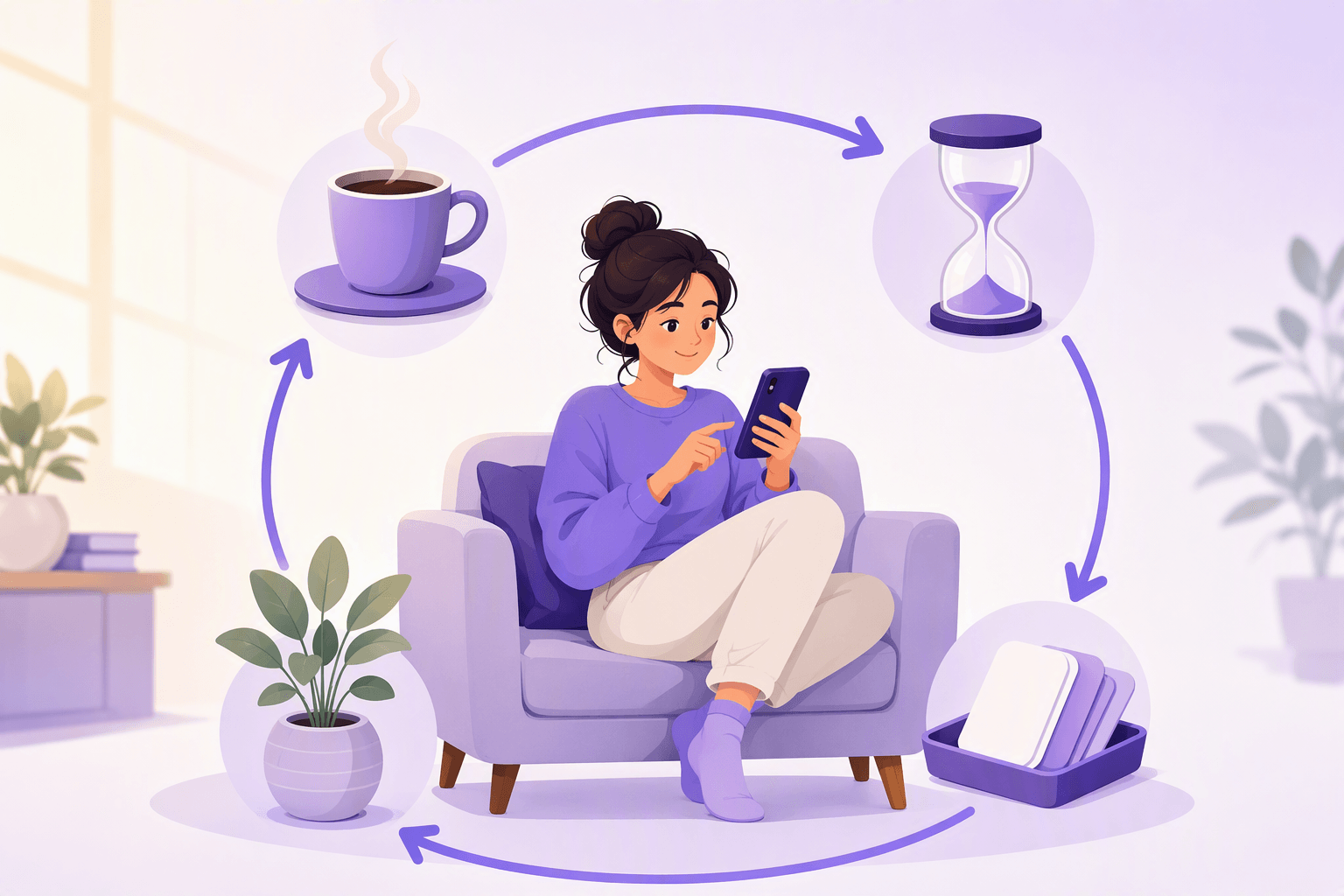 Um aluno sentado confortavelmente numa poltrona a tocar num telemóvel, rodeado por um ciclo de setas arredondadas que passa por uma chávena de café, uma ampulheta, um pequeno tabuleiro de cartões simples e uma planta em vaso, mostrando uma curta sessão de revisão a repetir-se como um hábito diário comum