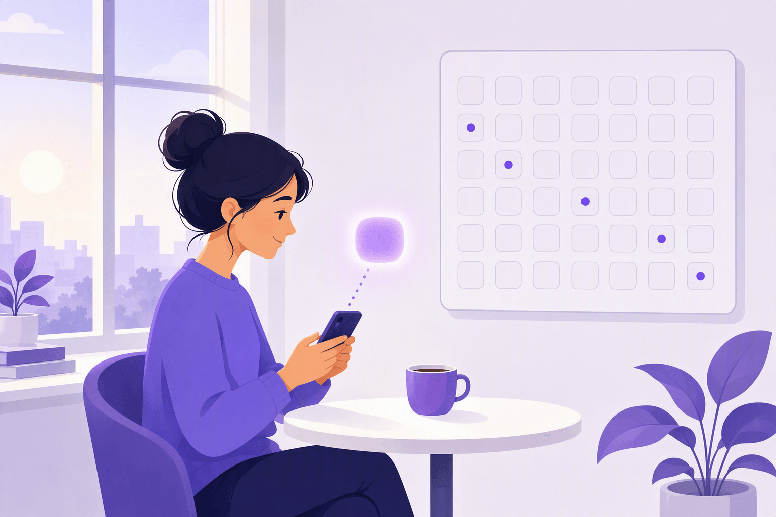 Um aluno sentado a uma pequena mesa junto a uma janela com luz matinal e uma chávena de café, a segurar um telemóvel enquanto uma forma redonda e suavemente brilhante se eleva dele numa linha pontilhada, e um calendário de parede simples de quadrados vazios atrás dele com alguns pontos marcados em intervalos cada vez maiores