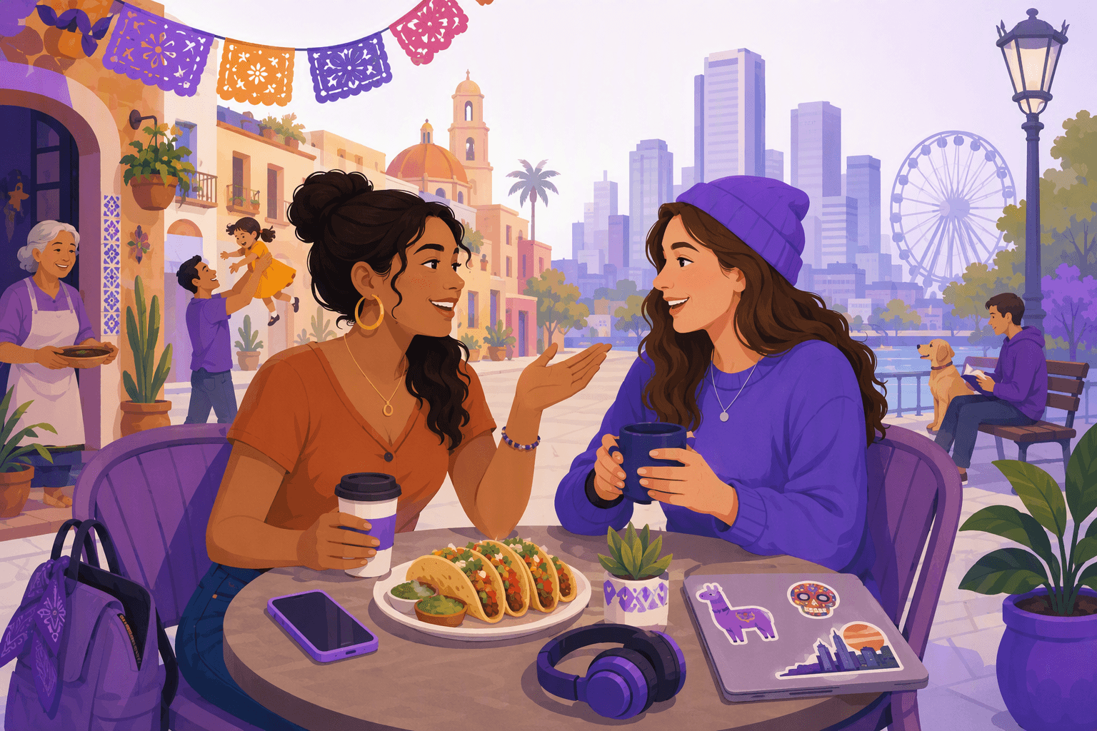 Flat-vector illustration of two friends using both Spanish and English in a café surrounded by food, technology, travel, family, media, and community cues.