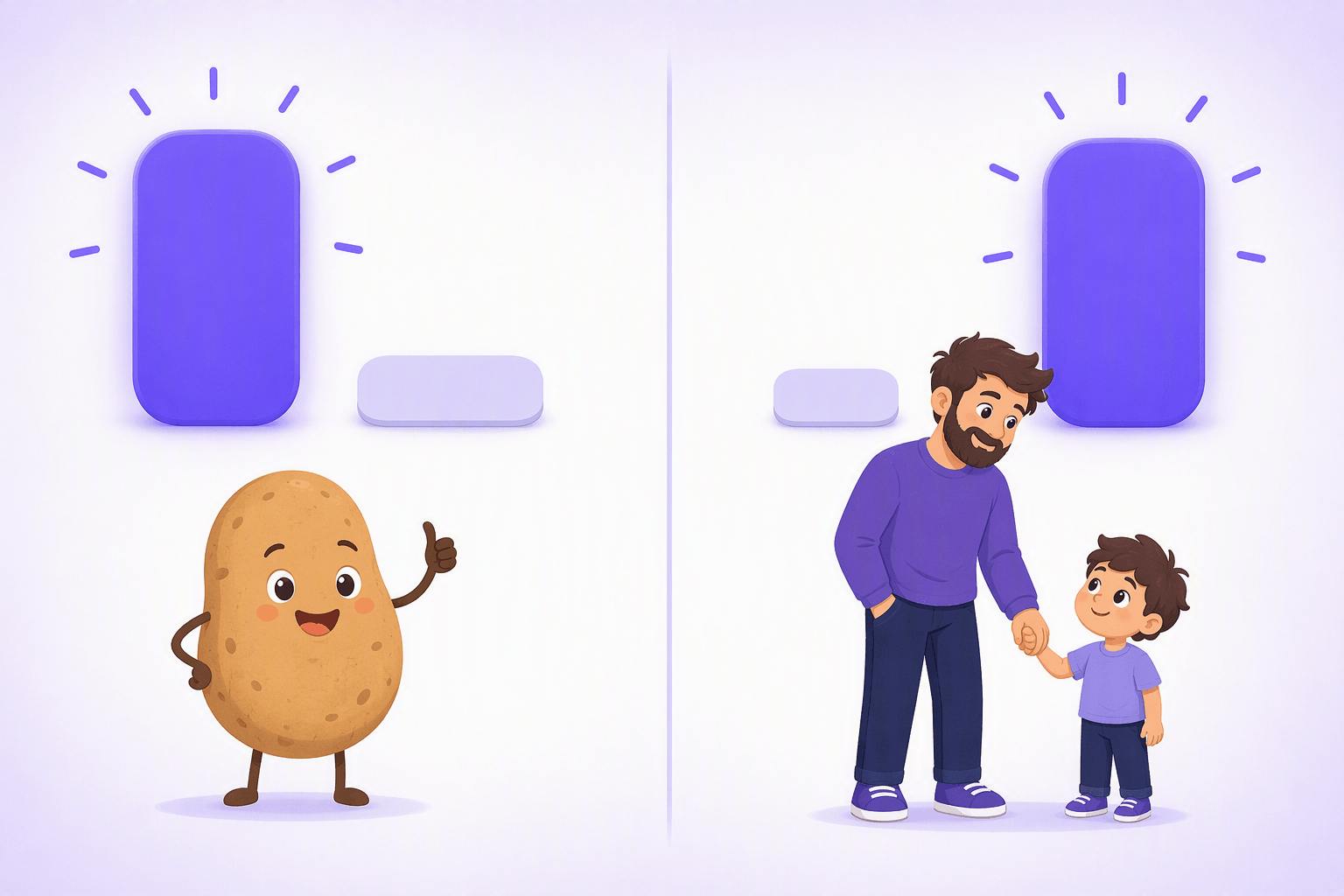 Side-by-side illustration of the same two syllable blocks with the stress moved from the first to the second, turning papa (potato) into papá (dad)