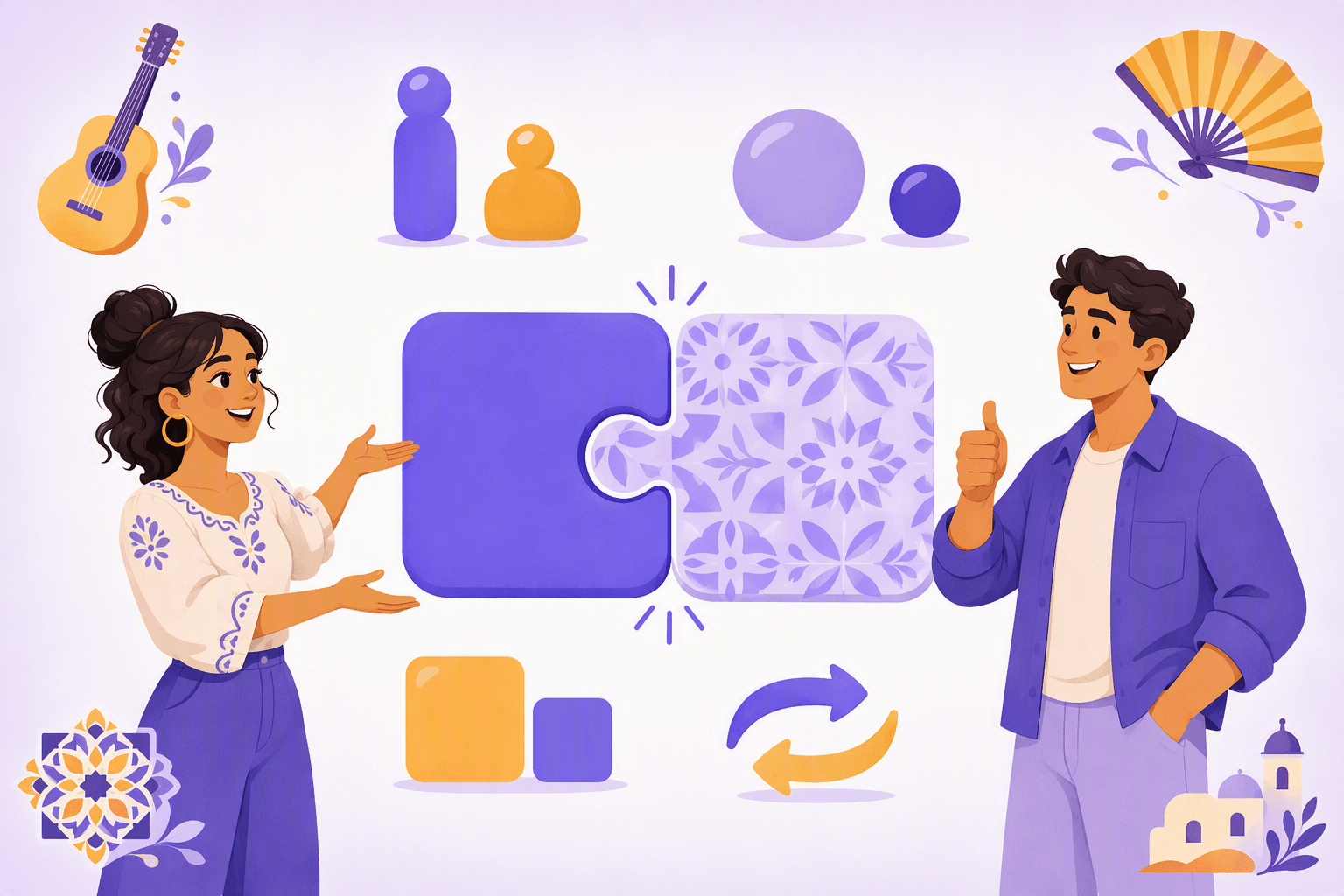 Two Spanish speakers watching a plain block and a patterned block click together like puzzle pieces, with paired contrasts of tall and short figures, big and small circles, and swap arrows for word order