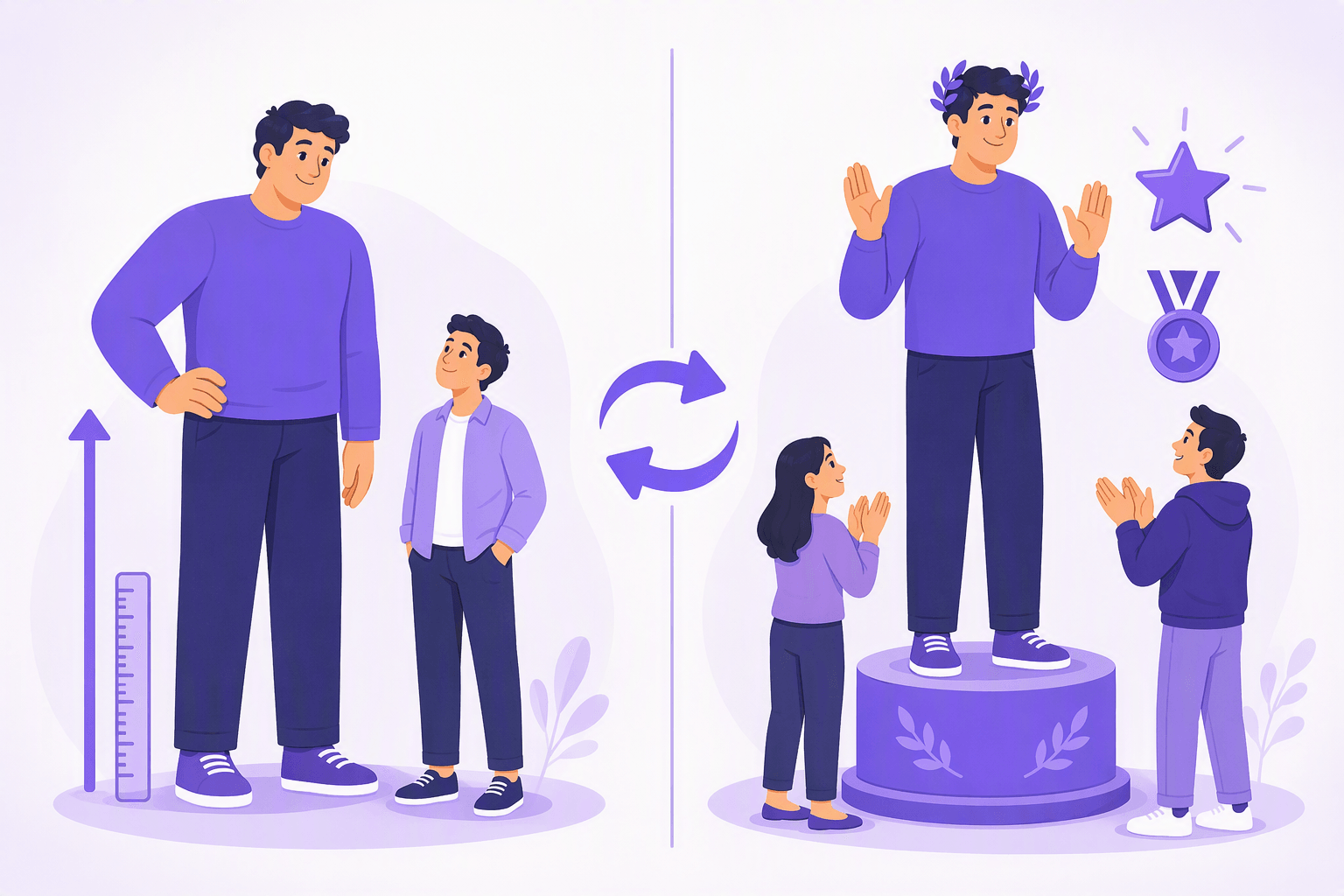 Split illustration: on the left a physically very tall man beside a shorter one with a height ruler, on the right the same man on a podium with a laurel wreath and medal while two people applaud, joined by swap arrows
