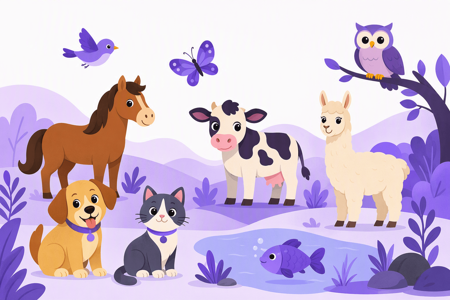 Flat vector illustration of common animals learned in Spanish: a dog, a cat, a horse, a cow, a llama, an owl, a bird, a butterfly and a fish in a purple landscape