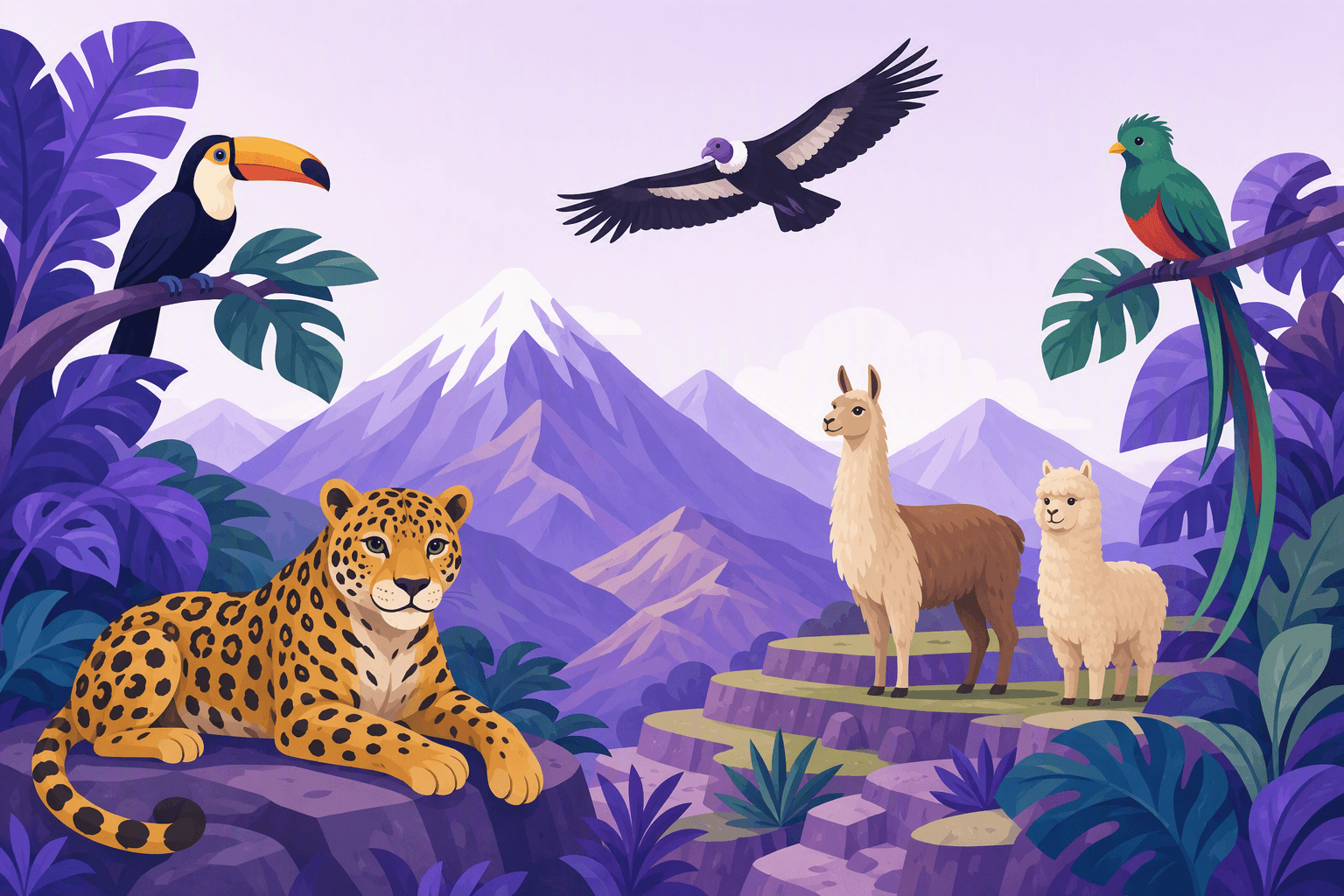 Flat vector illustration of Latin American wildlife: a jaguar on a rock, a toucan and a quetzal on tropical branches, a condor gliding over Andean peaks, and a llama and an alpaca on a mountain terrace
