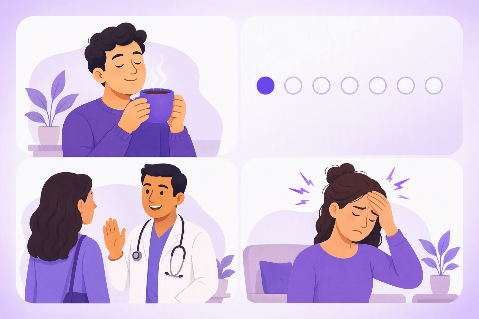 Four everyday situations where Spanish keeps the article: enjoying coffee, marking a day of the week, greeting a doctor, and a headache