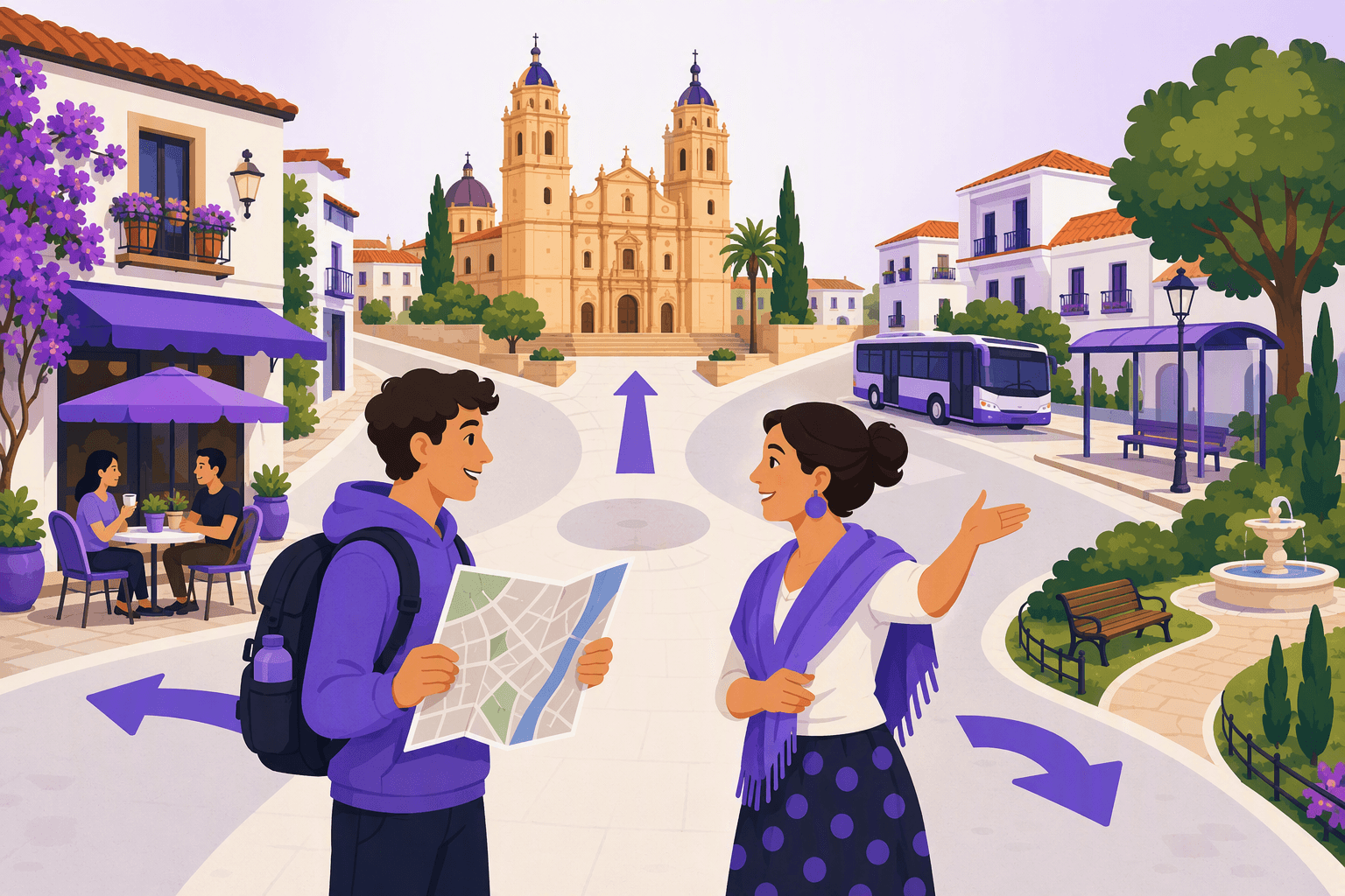 A traveler holding a map asks a local person for directions at a Spanish town intersection with branching streets leading toward a cathedral, café, bus stop, and park.