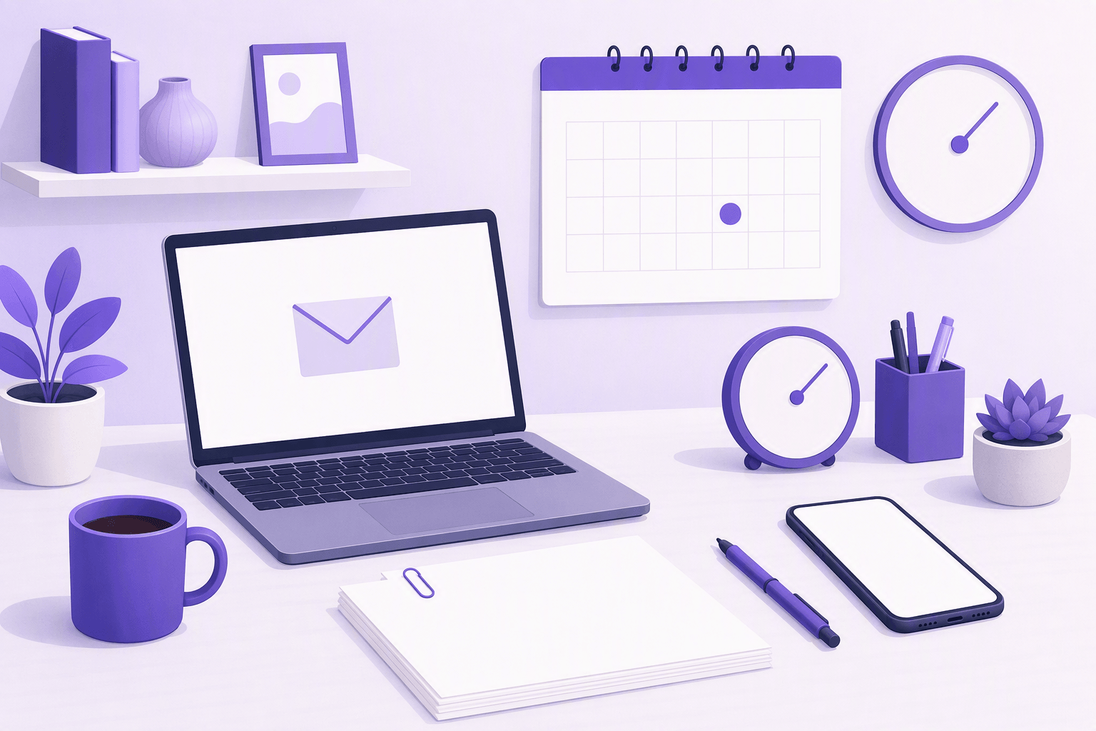 Desk setup with a laptop showing an envelope icon, a paperclip on blank pages, a calendar with one marked day and a clock, illustrating Spanish email and deadline vocabulary
