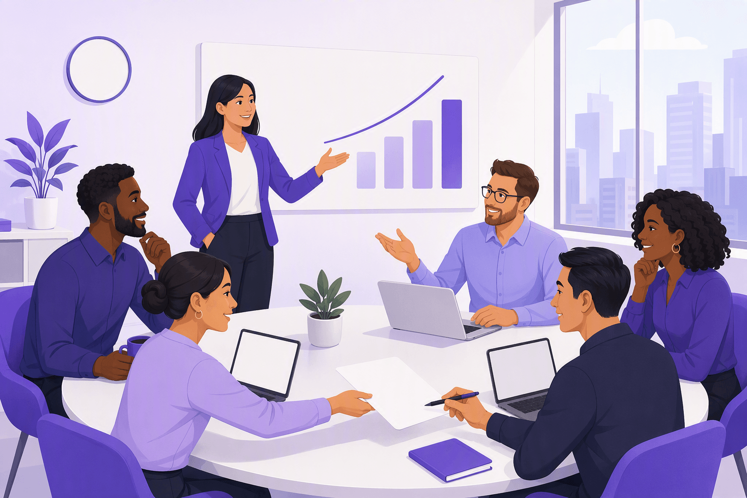 Colleagues in a bright office discussing a chart during a Spanish business meeting, passing a document across the table