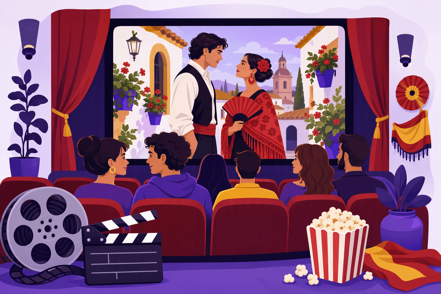 Flat-vector scene of a cinema auditorium with red seats, a large screen displaying a film scene, a film reel, clapperboard, popcorn, curtains, and red-and-yellow accents.
