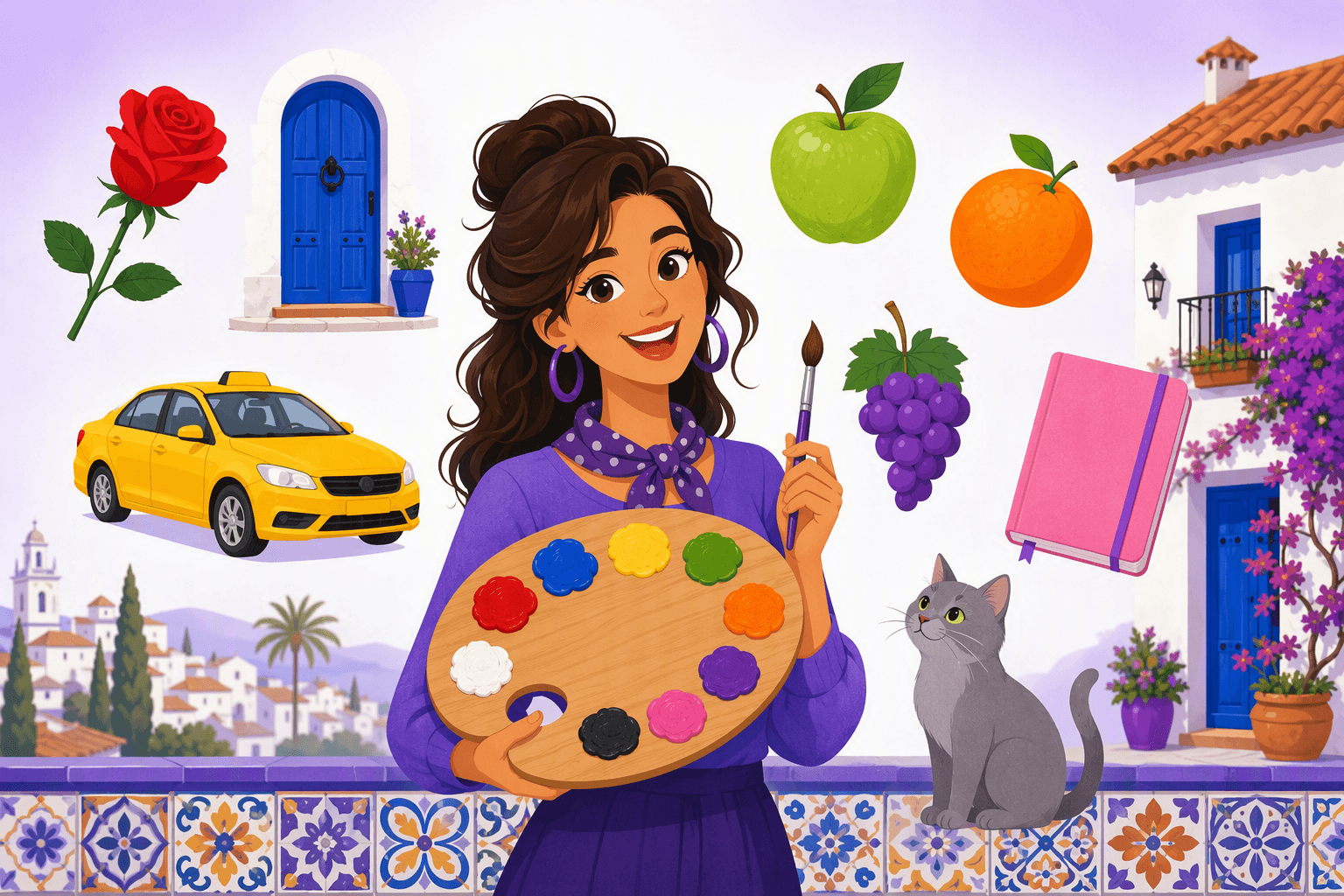 A Spanish learner holding an artist palette in a whitewashed Andalusian plaza, surrounded by everyday objects in red, blue, yellow, green, orange, purple, pink and gray