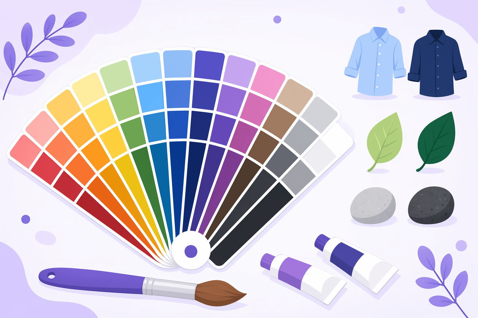 A fan of paint swatch cards spread in an arc from pale to deep tones, beside a light blue shirt next to a navy shirt, a pale green leaf next to a dark green leaf, and a light gray pebble next to a charcoal pebble