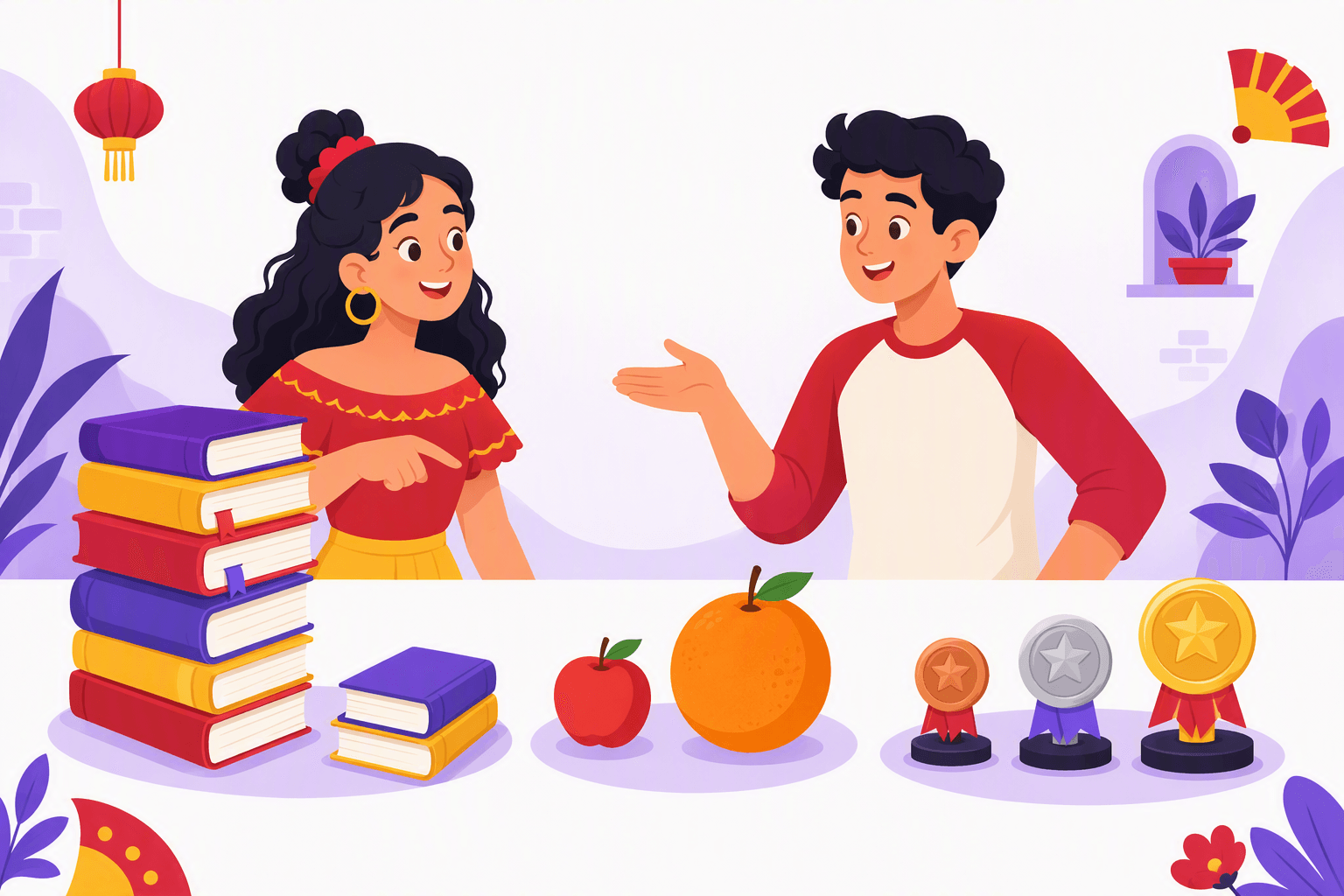Flat-vector illustration showing two students comparing objects of different sizes and quantities, with books, fruit, and medals arranged from ordinary to best using Spanish-inspired red and yellow colors.