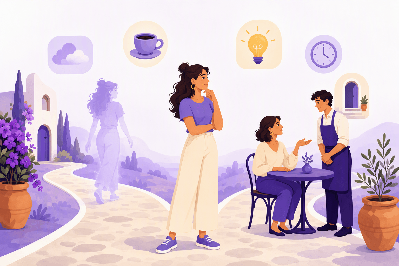A person at a fork in the road with an imagined version of themselves walking the other path, next to a cafe table where a guest makes a polite request to a waiter