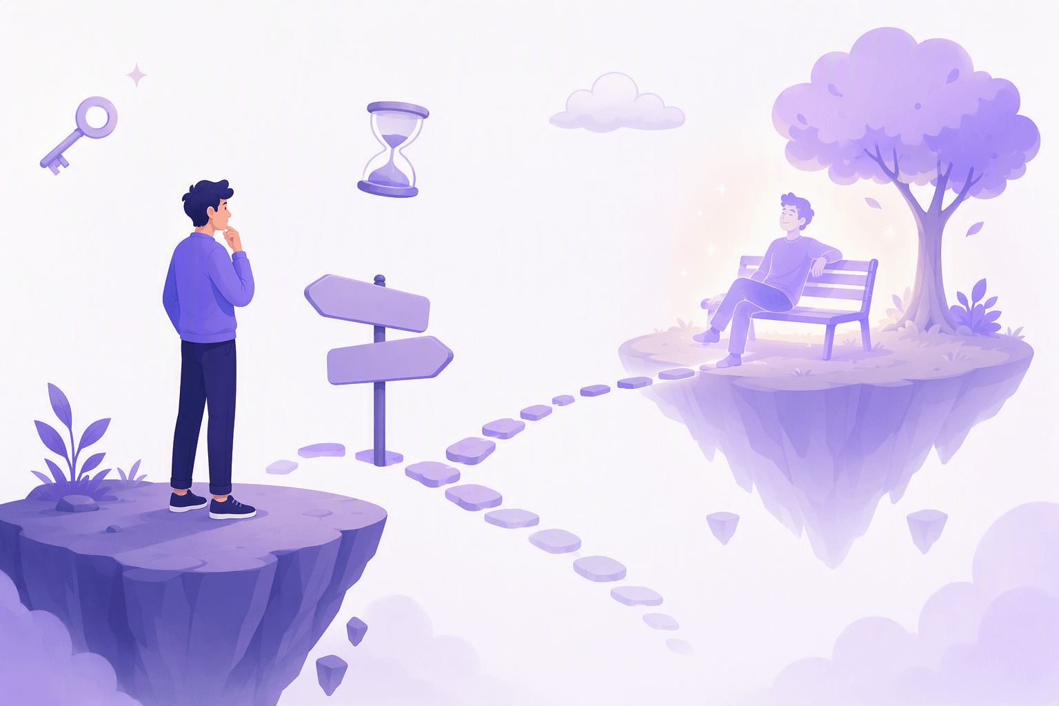 A person on a solid platform looking across a dotted stepping-stone bridge toward a floating island where a translucent version of themselves relaxes under a tree