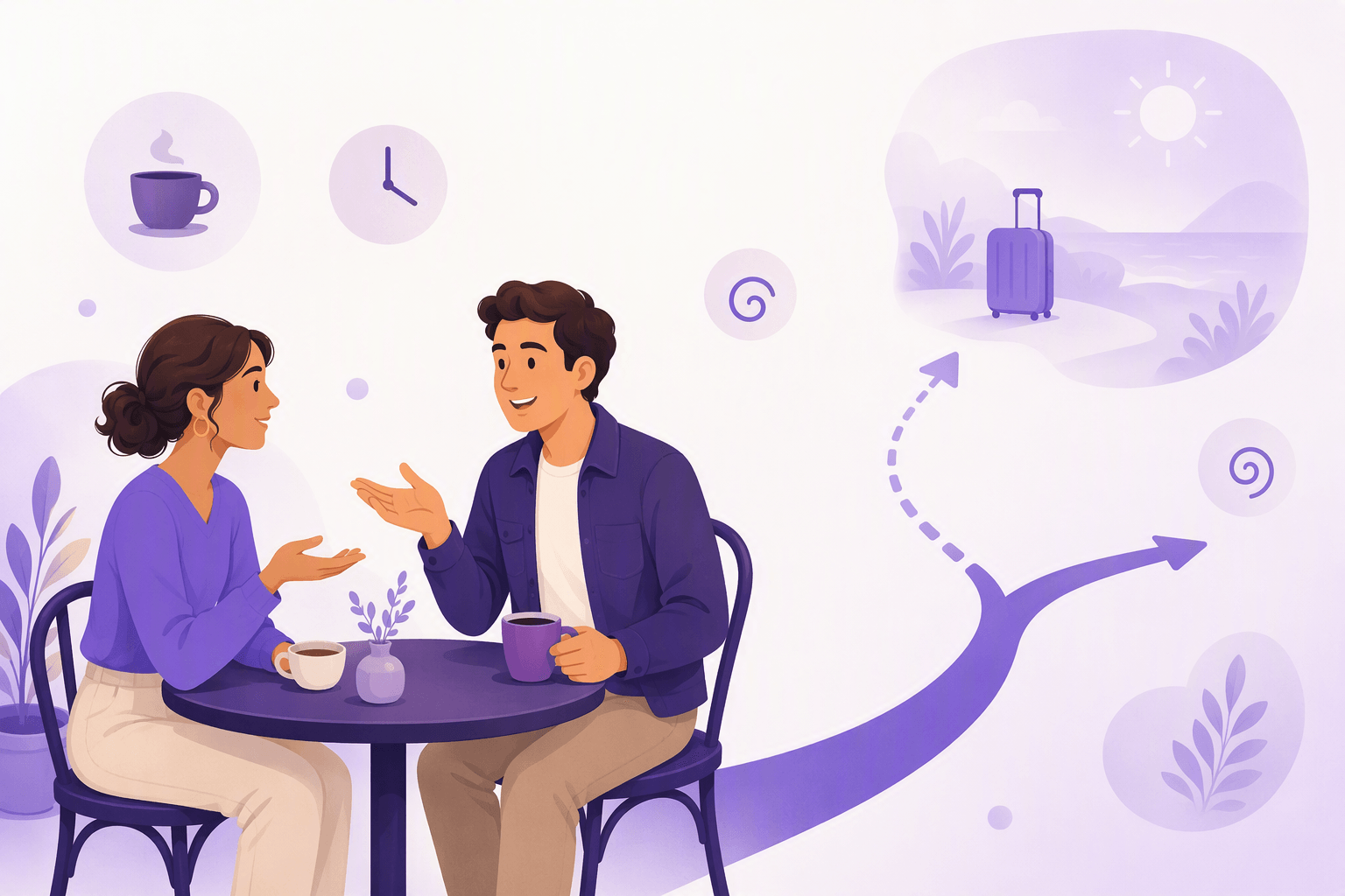 Two people talking politely at a cafe table while a path branches off toward an imagined alternative scene, illustrating the Spanish conditional tense