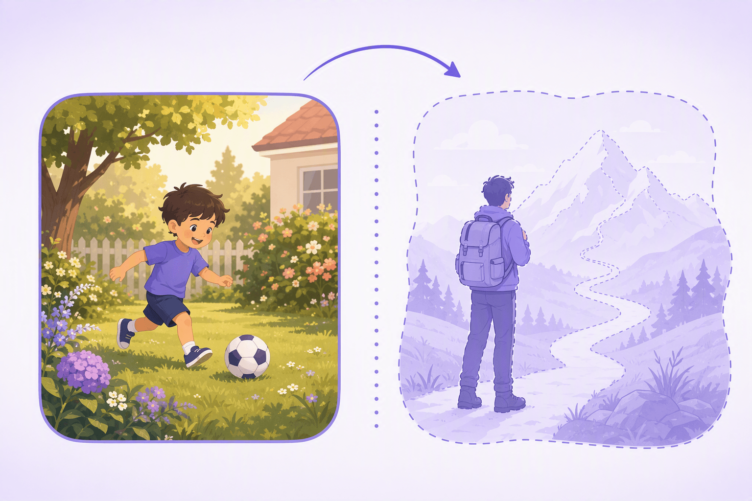 A solid, fully colored childhood memory of a boy playing with a ball beside a dashed, translucent daydream of the same person hiking toward mountains, showing the difference between the Spanish imperfect and the conditional