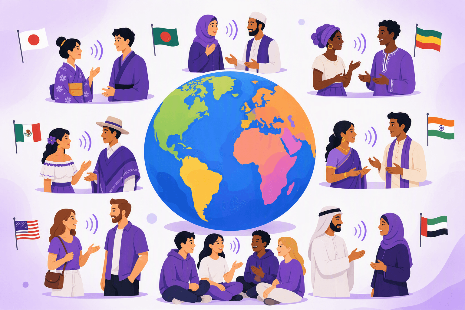 Flat-vector scene showing a globe, diverse people, country flags, gendered and plural figure groupings, and sound waves to represent Spanish countries, nationalities, grammatical agreement, and pronunciation.